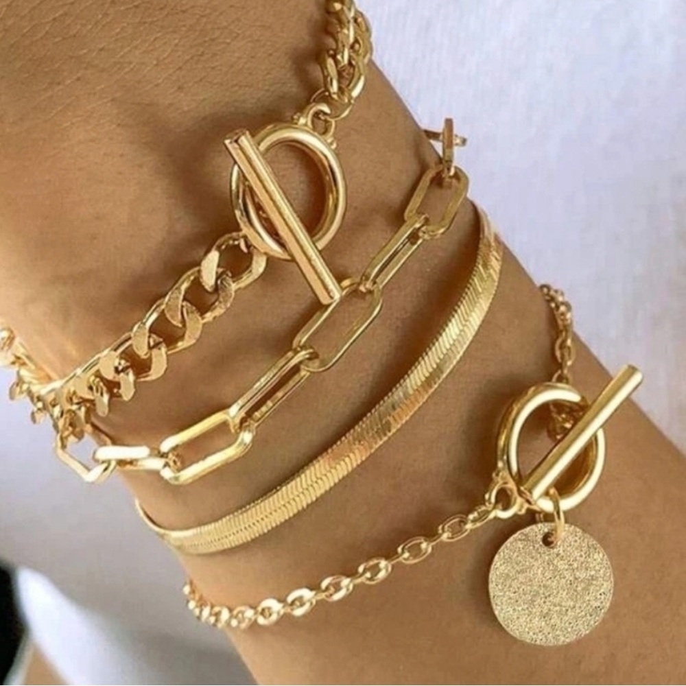 4pcs Women's Simple Fashion Gold Chain Link Bracelets Set Free Pyramid Necklace
